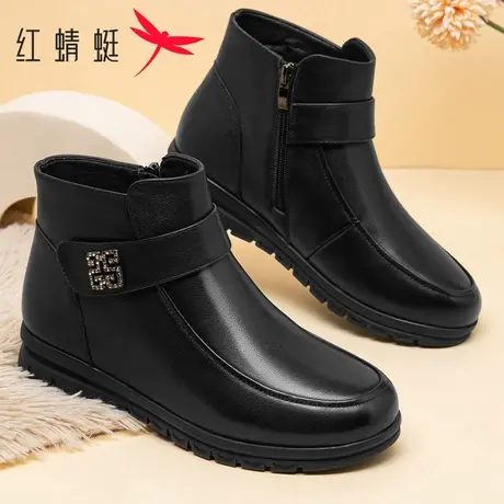 红蜻蜓女鞋2026春季真皮加绒保暖短靴女软底防滑妈妈鞋中老年棉鞋图片