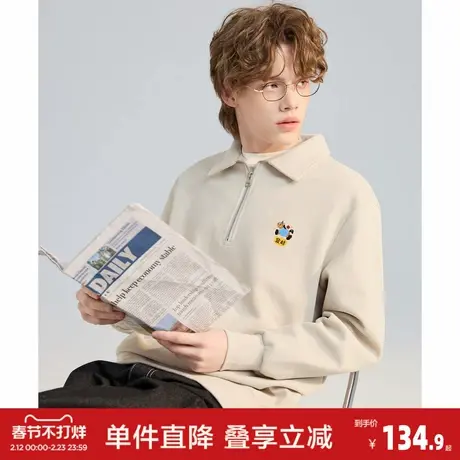 唐狮2026春季新款男士翻领卫衣半开襟拉链设计感简约印花时尚宽松图片