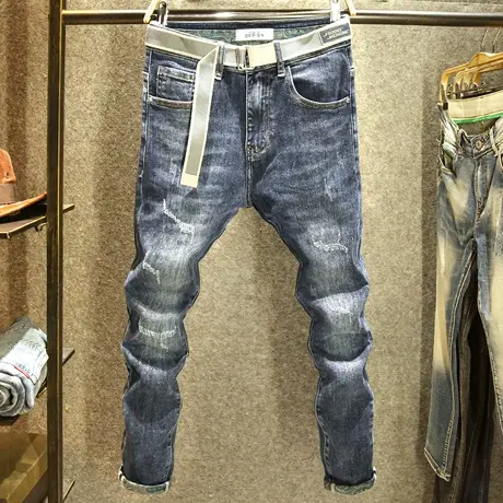 秋冬款百搭休闲男士牛仔裤修身小脚弹力长裤潮牌猫爪工艺裤子男款商品大图