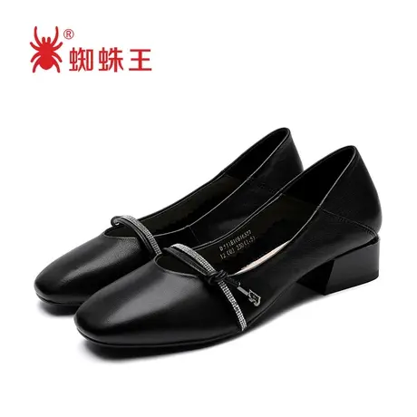 蜘蛛王粗跟单鞋女2021夏季新款中跟休闲百搭真皮软皮方头工作女鞋商品大图