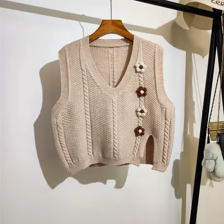 学院风针织马甲女秋冬新款韩版v领开叉花朵无袖坎肩毛衣背心外穿图片