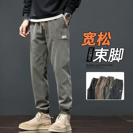 秋冬款男生美式高街潮牌束脚哈伦休闲裤子冬季男款军绿色痞帅工装图片