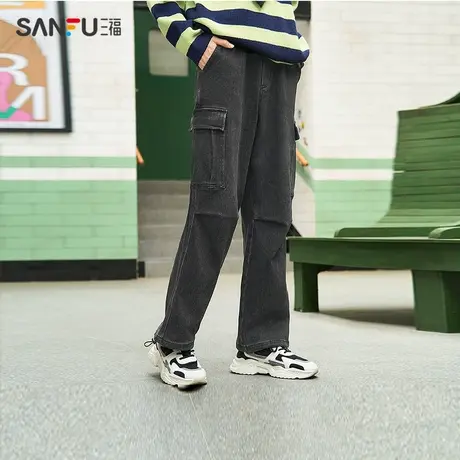 三福2023冬男士工装口袋磨毛牛仔裤 潮流宽松直筒长裤男478787商品大图