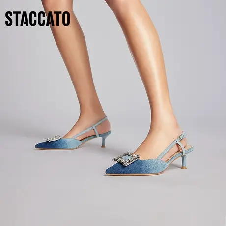 思加图新款法式包头凉鞋优雅尖头细跟蓝色单鞋女鞋子S2129AH3图片