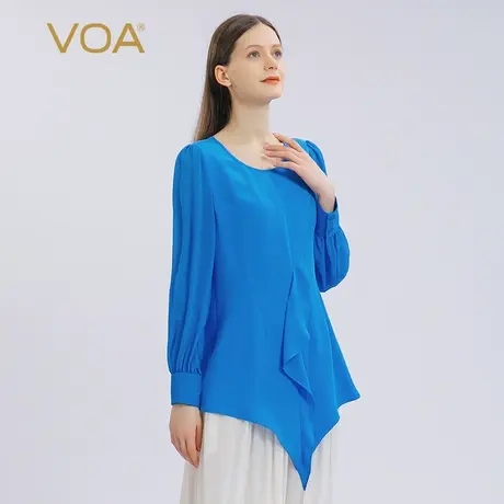 VOA30姆米重磅真丝克莱因蓝不对称活页设计圆领纯色长袖桑蚕丝T恤图片