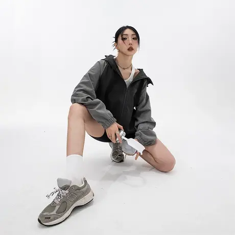 美式复古拼接女外套2023新款春秋款插肩袖宽松户外运动夹克商品大图