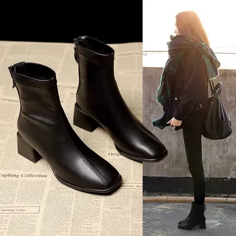 短靴女英伦风2023新款秋冬季单靴粗高跟切尔西弹力瘦瘦短筒马丁靴商品大图