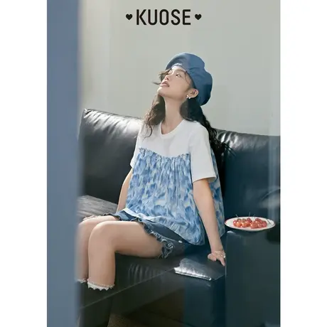 阔色拼接假两件T恤女2023新款夏季蓝色碎花短袖娃娃衫正肩上衣图片