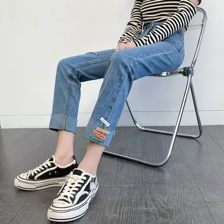 破洞牛仔裤女春秋新款小个子八分直筒裤高腰显瘦宽松卷边烟管裤子商品大图