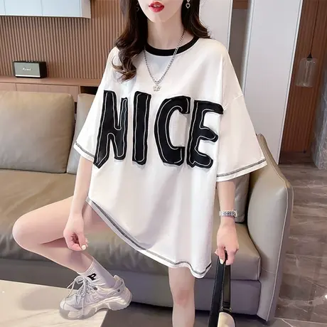 小众设计感短袖t恤女夏季韩版宽松大码女装中长款下衣失踪上衣服商品大图
