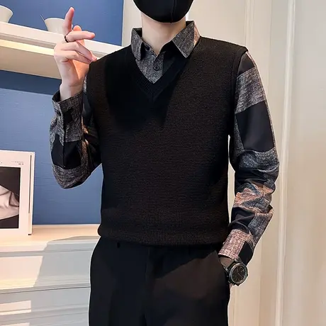 假两件毛衣男衬衫领修身潮牌ins上衣秋冬装拼接针织衫个性打底衫商品大图