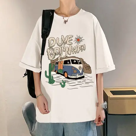 美式复古卡通巴士印花短袖T恤男夏季纯棉潮牌宽松圆领男生上衣服商品大图