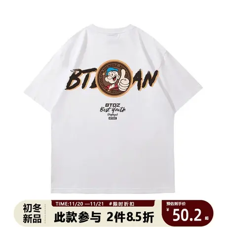 潮流时尚卡通字母印花短袖2023春夏季男圆领网红情侣宽松纯棉T恤图片