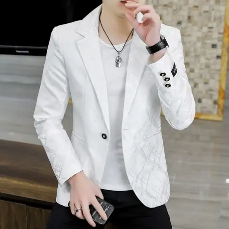 韩版春季修身型小西装男士潮流印花单西上衣秋装帅气休闲西服外套商品大图