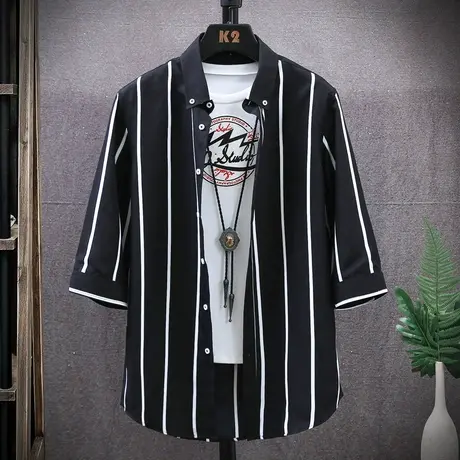 2025夏季新款条纹衬衫男潮牌港风宽松七分袖青年韩版潮流中袖衬衣商品大图