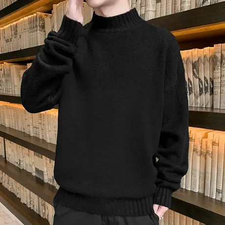 男士毛衣秋冬季2025新款加绒加厚宽松潮流男装半高领针织打底衫男商品大图