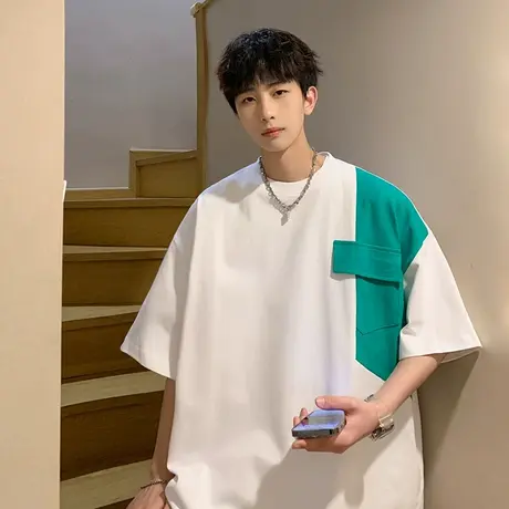 夏季撞色贴布短袖T恤男2024潮流工装薄款透气休闲半袖打底体恤衫商品大图