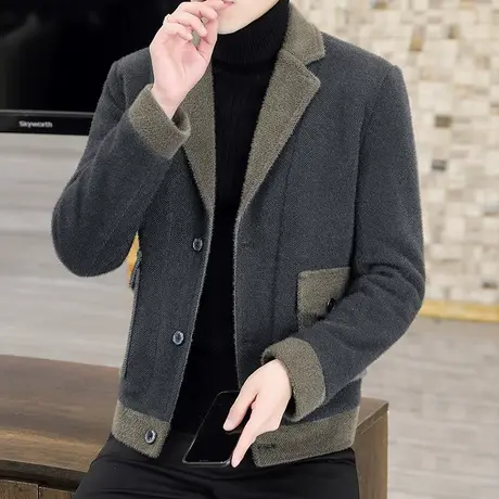 2023新款秋冬季男士金貂绒夹克外套潮流帅气西装加厚毛呢短款风衣商品大图