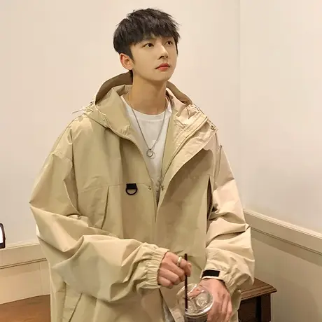 港风工装夹克男春季休闲连帽外套纯色潮流宽松oversize冲锋衣开衫商品大图