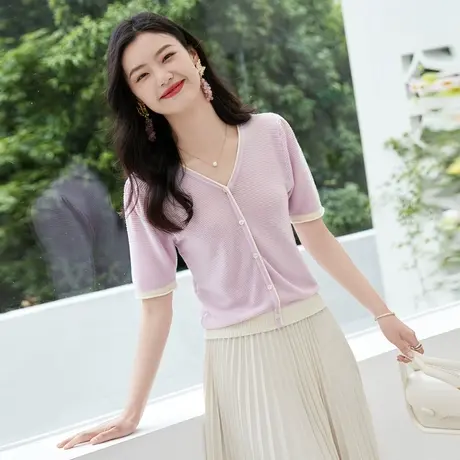 时尚气质百搭短袖针织开衫2023年夏季新款淑女温柔修身V领上衣商品大图