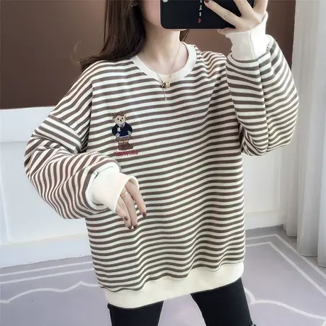 卫衣女套头早春新款2023bf慵懒风宽松圆领条纹短款无帽韩版潮ins图片