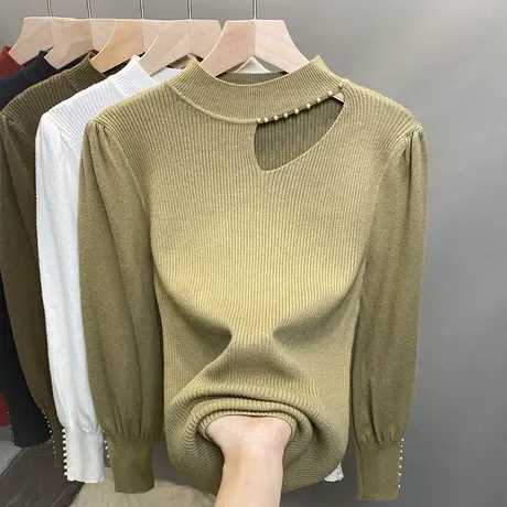 半高领毛衣女钉珠打底衫2023秋冬新款泡泡袖针织衫内搭镂空上衣潮图片