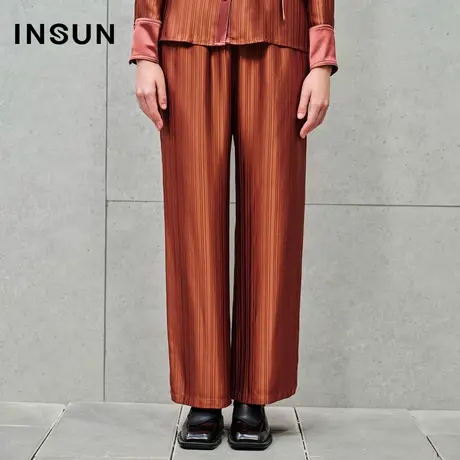 INSUN恩裳线上专选春季醋酸坑条阔腿休闲裤图片