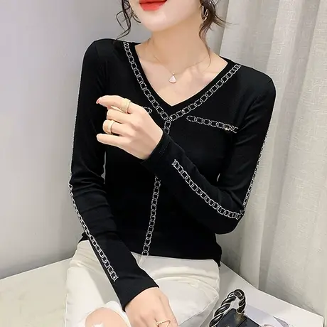 欧货长袖V领T恤女2024年新款设计感小众烫钻上衣春秋洋气打底小衫商品大图