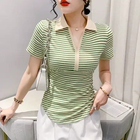 时尚条纹T恤女短袖夏季收腰显瘦小衫设计感小众POLO领上衣体恤潮商品大图