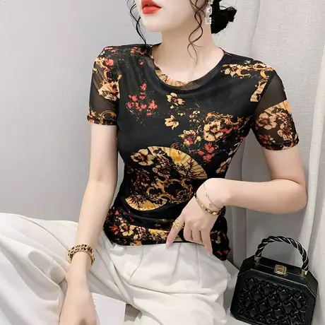 2024夏新款时尚网纱T恤女短袖洋气修身显瘦小衫别致圆领印花上衣商品大图