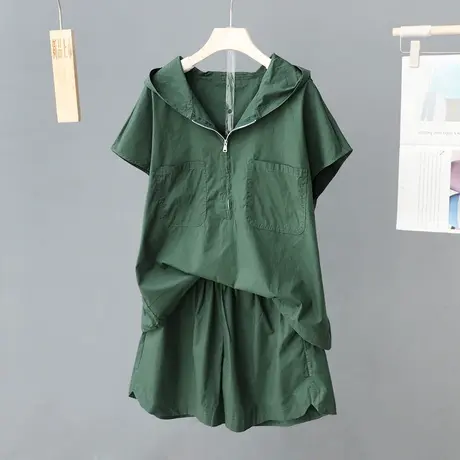 夏季新款纯色连帽短袖套装女休闲短袖短裤两件套薄款上衣女装时尚图片