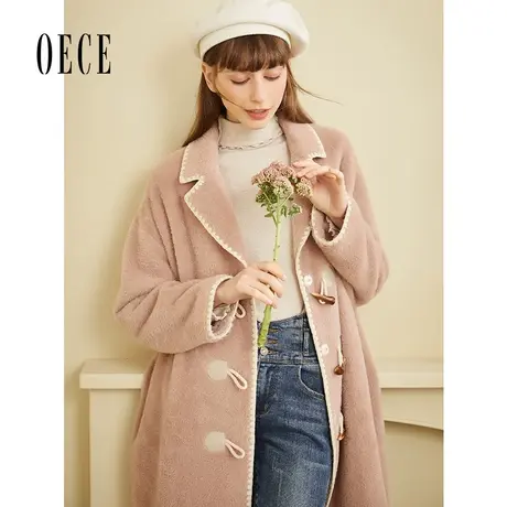Oece秋冬季新款法式复古牛角扣大衣气质中长款双排扣外套商品大图