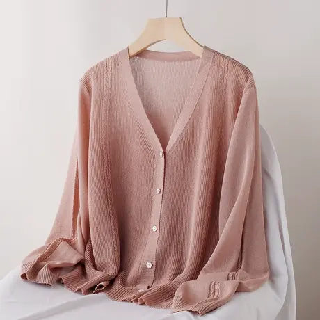 针织开衫女薄款春夏季长袖空调衫防晒衣宽松冰麻麻花袖子外搭披肩图片