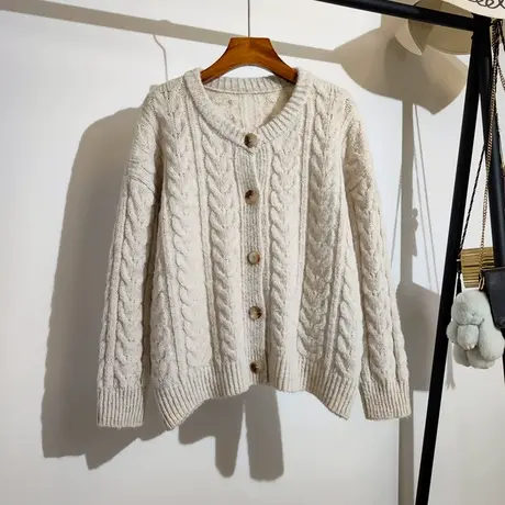 麻花毛衣开衫外套女秋冬新款韩系宽松圆领时尚百搭加厚针织衫上衣图片