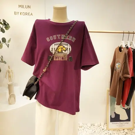 2020秋冬新款磨毛短袖韩国东大门复古字母体恤欧货内搭打底衫宽松图片