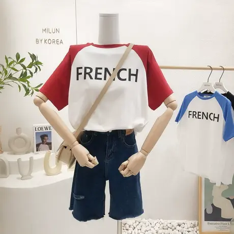 日系港味原宿风2022夏韩国东大门字母插肩袖短袖T恤运动休闲大码商品大图