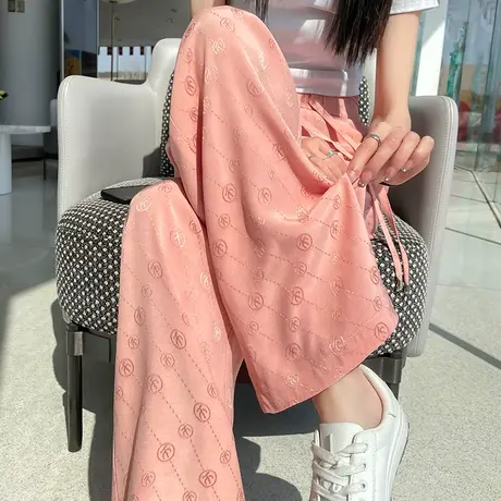 粉色醋酸缎面冰丝窄版阔腿凉凉裤女夏季薄款高腰垂直筒休闲拖地裤图片