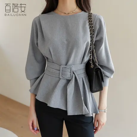 百洛安知性优雅气质上衣女圆领设计感小众收腰七分袖衬衫衬衣女装图片