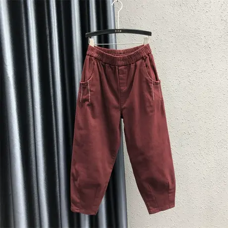 欧货酒红色加绒保暖牛仔老爹裤女2023秋冬新款百搭宽松显瘦哈伦裤图片