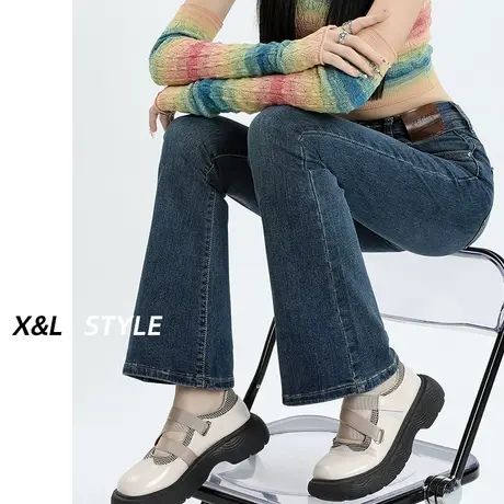 复古高腰微喇牛仔裤女秋季2023春秋大码显瘦修身小个子阔腿喇叭裤商品大图