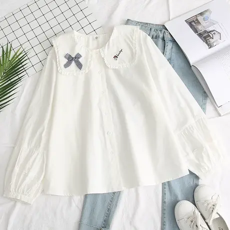早秋文艺小清新刺绣蝴蝶结纯棉白衬衣女学生娃娃领灯笼袖打底衬衫图片