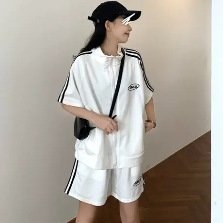 运动服套装女夏季2022新款韩版宽松短袖短裤时尚小个子休闲两件套商品大图