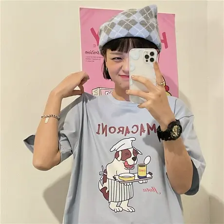 红续原创卡通小狗小个子2023早春新款韩版宽松百搭纯棉短袖T恤女图片