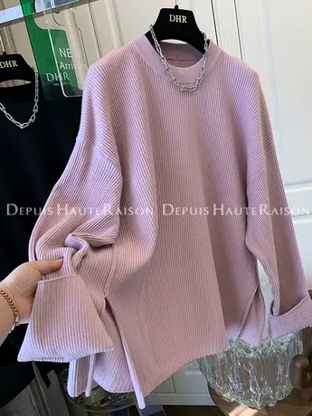 气质强缩坑条卷袖针织毛衣外套女开叉宽松休闲慵懒风2022秋冬新款商品大图