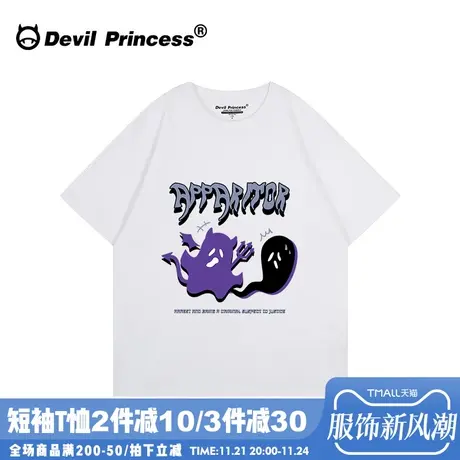 宽松大版街头摇滚风高街白色正肩t恤女小众卡通潮牌纯棉半袖上衣商品大图