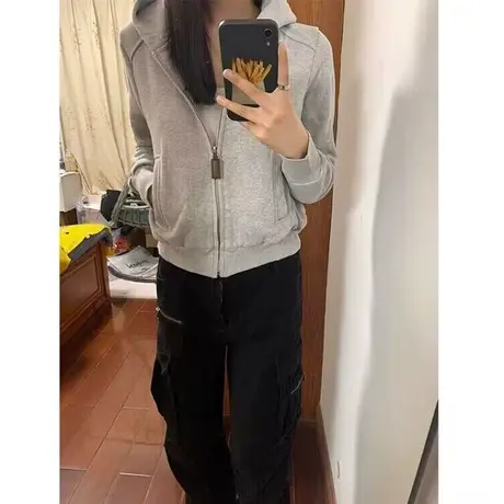 小个子短款长袖连帽卫衣女秋季宽松百搭显瘦高级感开衫上衣外套潮商品大图