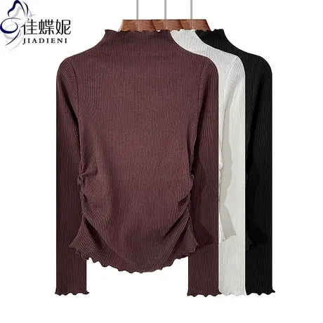 秋冬新款半高领荷叶边修身褶皱纯欲纯棉纯色长袖体恤上衣女打底衫图片