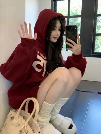 国潮美式ins闺蜜装大码加绒卫衣女oversize宽松甜辣连帽秋冬外套图片