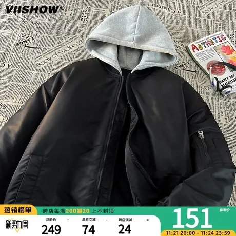 VIISHOW美式假两件棉衣潮流男潮新款外套男生宽松休闲男连帽棉服商品大图