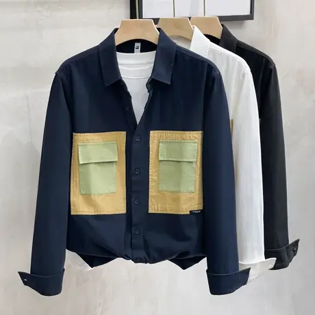 拼接长袖衬衫男士休闲宽松外穿潮流日系复古工装纯棉衬衣男春秋款商品大图